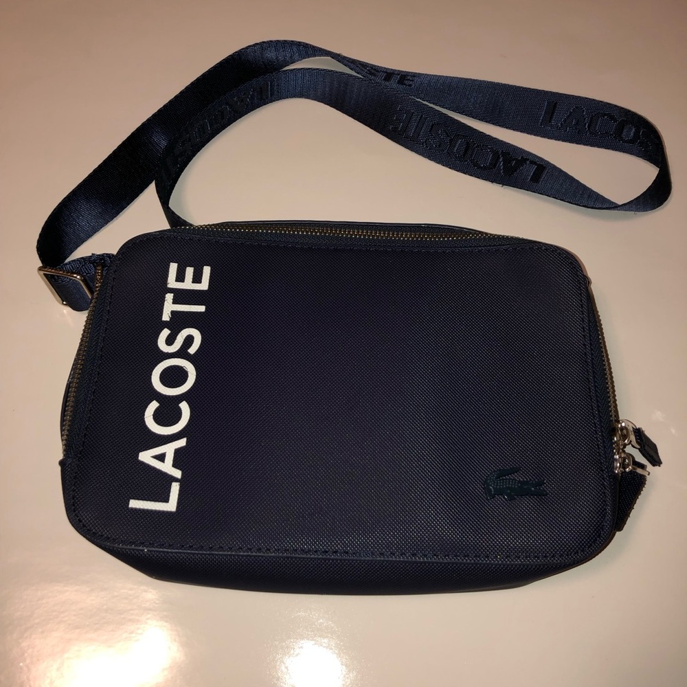 Lacoste Cross Body Zip Up Bag Navy Blue With Adjustable Strap &Logos Authentic